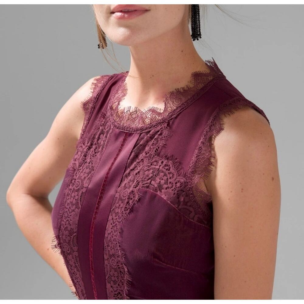White House Black Market Velvet Lace Trim Sleeveless Dress Size 2 Burgundy - Picture 10 of 10
